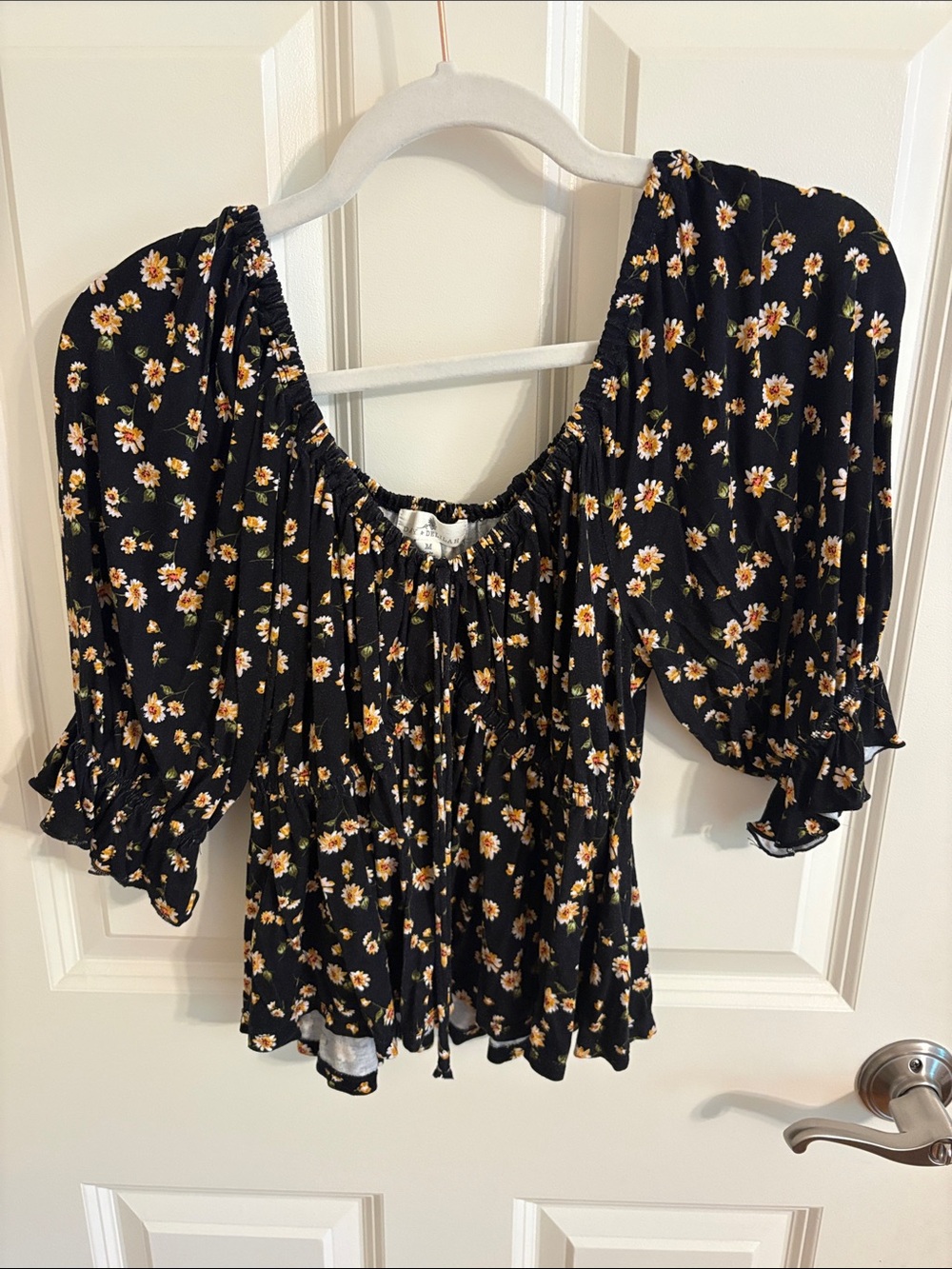 Black Floral Peasant Blouse with Puff Sleeves